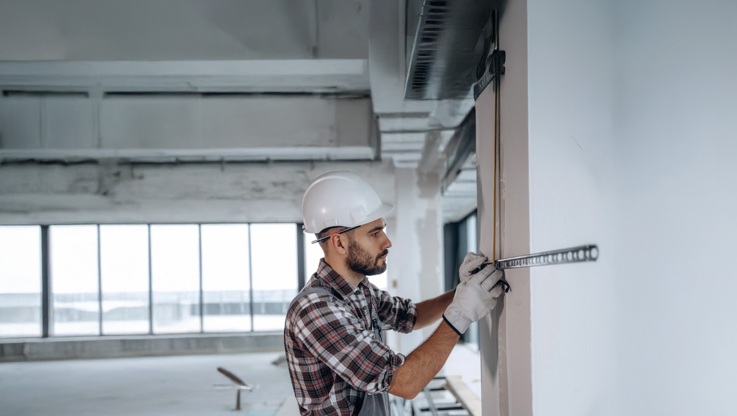 Bauarbeiter mit Helm misst Wand in einem Rohbau mit Maßband aus.