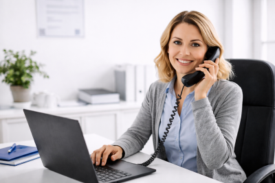 L&auml;chelnde Frau im B&uuml;ro telefoniert mit schnurgebundenem Telefon und arbeitet gleichzeitig am Laptop.