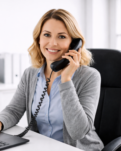 L&auml;chelnde Frau im B&uuml;ro telefoniert mit schnurgebundenem Telefon und arbeitet gleichzeitig am Laptop.