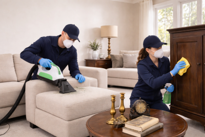 Zwei Reinigungskr&auml;fte in Uniform s&auml;ubern professionell ein Sofa und einen Holzschrank im Wohnzimmer.