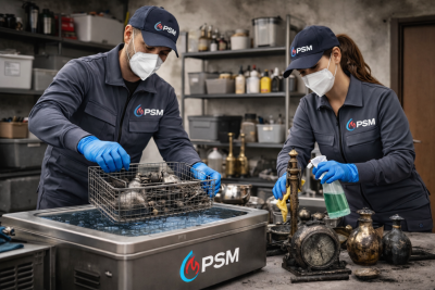Zwei PSM-Mitarbeiter reinigen mit Schutzmasken und Handschuhen antike Metallgegenst&auml;nde in einem Ultraschallbad.