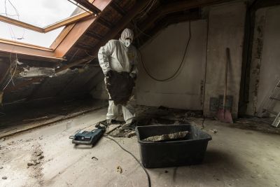 Arbeiter in Schutzanzug und Atemschutzmaske entfernt Schadstoffe in einem Dachboden, daneben eine schwarze Wanne mit Material.