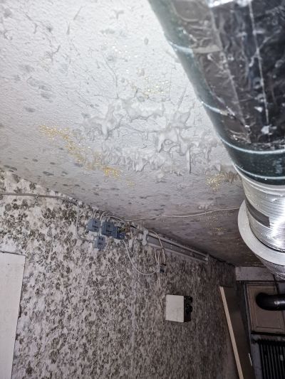 Deckenecke mit starkem Schimmelbefall und wei&szlig;en Ausbl&uuml;hungen, daneben eine L&uuml;ftungsleitung und Kabelverbindungen an der Wand.