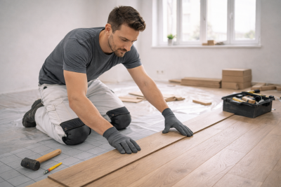 Handwerker installiert Laminat- oder Holzdielenboden kniend, mit Handschuhen und Kniesch&uuml;tzern, in einem Raum mit Werkzeugkasten.