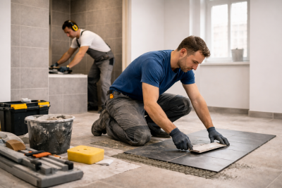 Handwerker verlegt Bodenfliesen, im Hintergrund schleift ein weiterer Arbeiter eine Wandfl&auml;che.