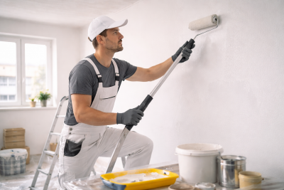 Handwerker in wei&szlig;er Latzhose und Kappe streicht eine Wand mit einer Farbrolle, umgeben von Malerzubeh&ouml;r.