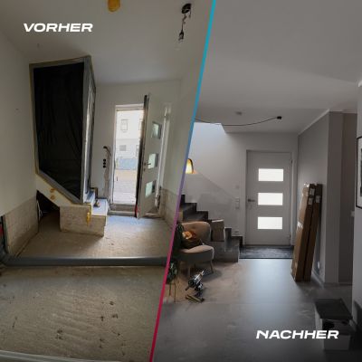 Vorher-Nachher-Vergleich eines Eingangsbereichs: unfertiger Rohbau mit Folienschutz und fertig renovierter Flur mit Treppe.
