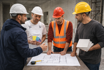 Vier Bauarbeiter mit Helmen besprechen Baupl&auml;ne, Farbmuster und Materialproben auf einer Baustelle.