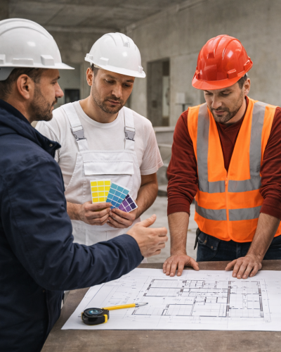Vier Bauarbeiter mit Helmen besprechen Baupl&auml;ne, Farbmuster und Materialproben auf einer Baustelle.