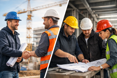 Bauleiter sch&uuml;tteln sich die H&auml;nde vor einer Baustelle, w&auml;hrend ein Team mit Baupl&auml;nen zusammenarbeitet.