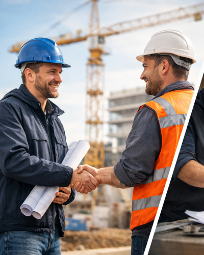 Bauleiter sch&uuml;tteln sich die H&auml;nde vor einer Baustelle, w&auml;hrend ein Team mit Baupl&auml;nen zusammenarbeitet.