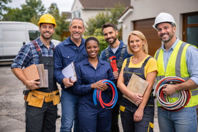 Sechs l&auml;chelnde Handwerker und Handwerkerinnen in Arbeitskleidung stehen gemeinsam vor einem Haus, einige mit Schutzhelmen.
