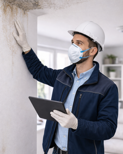 Inspekteur mit Schutzmaske und Helm untersucht Schimmelbefall an der Decke und h&auml;lt ein Tablet in der Hand.