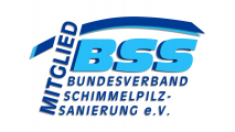Logo des BSS – Bundesverband Schimmelpilzsanierung e.V., mit blauem Schwung und dem Schriftzug „Mitglied“.